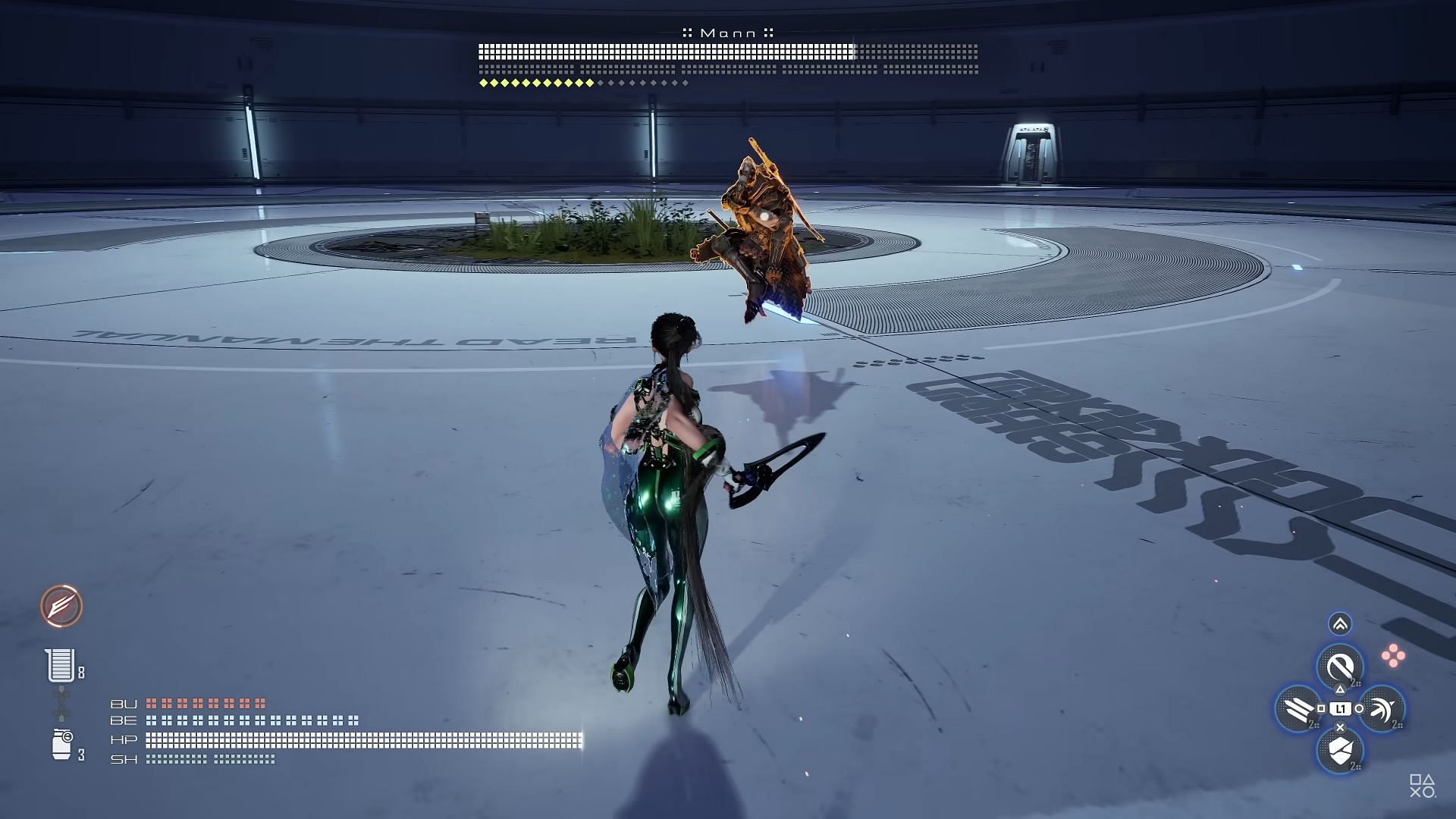 The boss leaps backwards and quickly fires a shot; be ready to dodge as soon as you see him move (Image via PlayStation Publishing LLC)